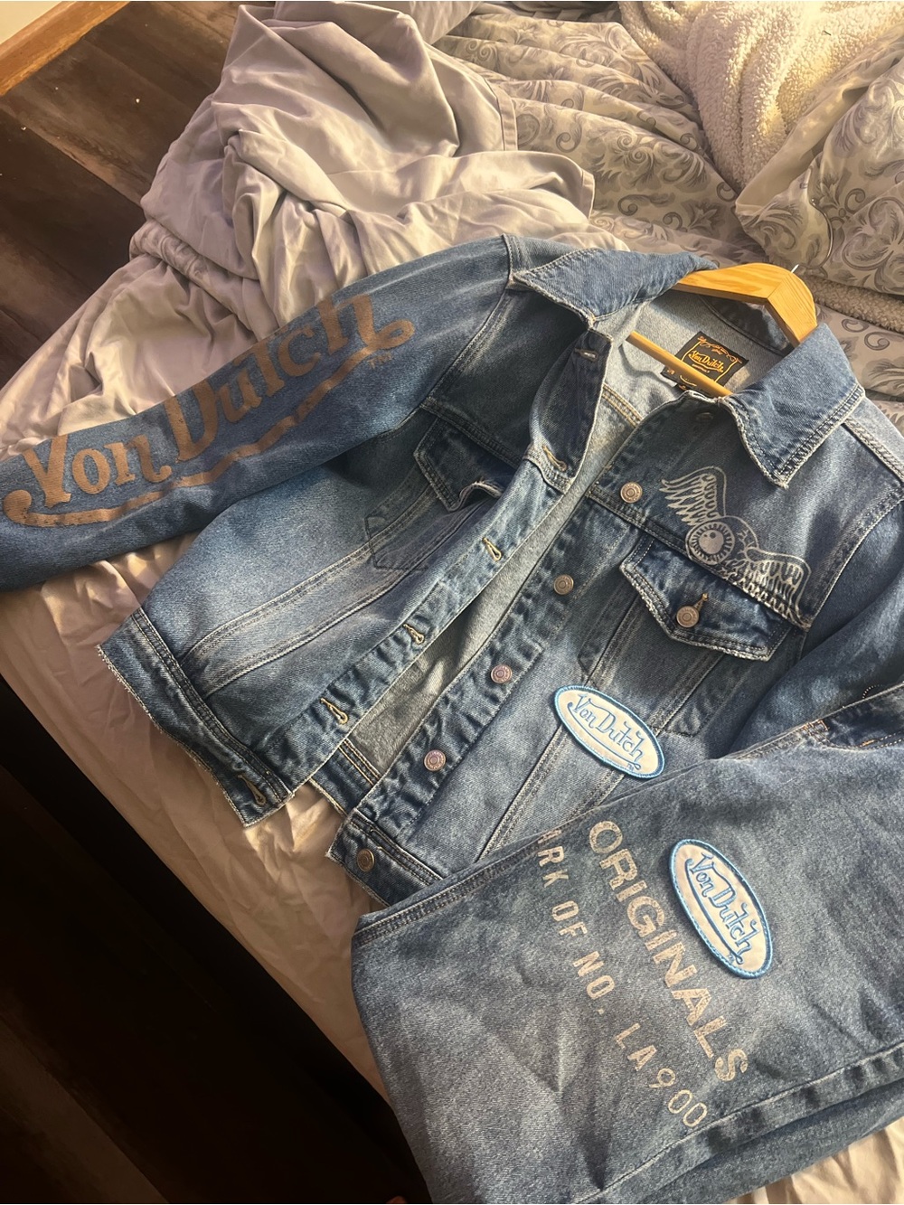 Von Dutch Men's Blue Denim Jacket with Logo Patches